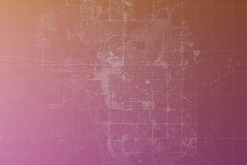 Map of the streets of Lincoln (Nebraska, USA) made with white lines on pinkish red gradient background. Top view. 3d render, illustration