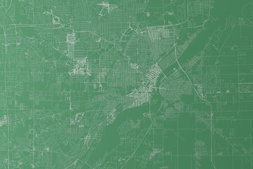 Stylized map of the streets of Toledo (Ohio, USA) made with white lines on green background. Top view. 3d render, illustration