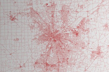Map of the streets of Dayton (Ohio, USA) made with red lines on white paper. 3d render, illustration
