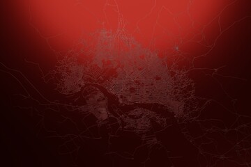 Street map of N'Djamena (Chad) engraved on red metal background. Light is coming from top. 3d render, illustration
