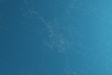 Map of the streets of Mbabane (Eswatini) made with white lines on blue paper. Rough background. 3d render, illustration