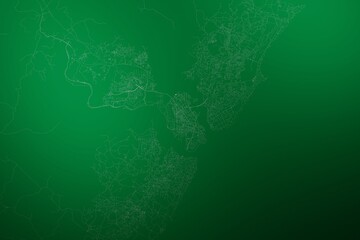 Map of the streets of Mombasa (Kenya) made with white lines on abstract green background lit by two lights. Top view. 3d render, illustration