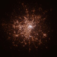 Turin (Italy) street lights map. Satellite view on modern city at night. Imitation of aerial view on roads network. 3d render