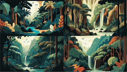  Lush Tropical Jungle with Waterfall  - obrazy, fototapety, plakaty