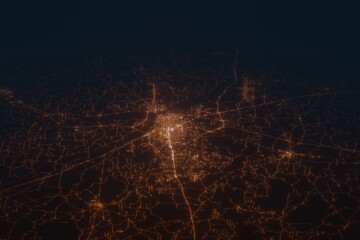 Aerial shot on Hattiesburg (Mississippi, USA) at night, view from west. Imitation of satellite view on modern city with street lights and glow effect. 3d render