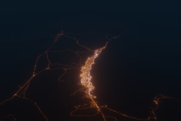 Aerial shot of Antofagasta (Chile) at night, view from north. Imitation of satellite view on modern city with street lights and glow effect. 3d render