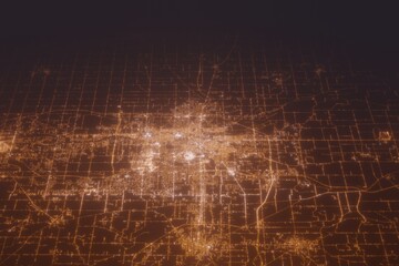 Obraz premium Aerial shot of South Bend (Indiana, USA) at night, view from north. Imitation of satellite view on modern city with street lights and glow effect. 3d render