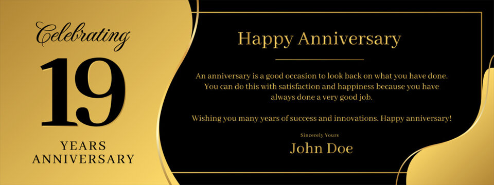 19 years anniversary, a banner speech anniversary template with a gold background combination of black and text that can be replaced