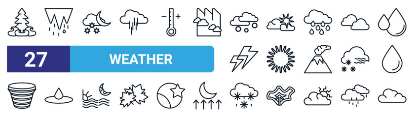 set of 27 thin line weather icons such as wildfire, thaw, cloudy night, clouds and sun, daytime, deluge, sleet, cyclone vector icons for mobile app, web design. - obrazy, fototapety, plakaty