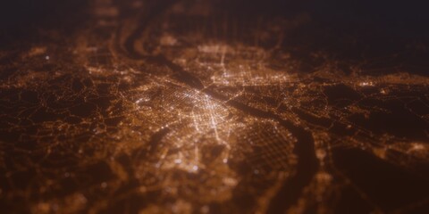 Street lights map of Novosibirsk (Russia) with tilt-shift effect, view from north. Imitation of macro shot with blurred background. 3d render, selective focus