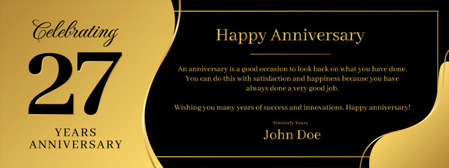 27 years anniversary, a banner speech anniversary template with a gold background combination of black and text that can be replaced