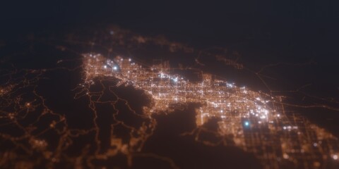 Street lights map of Palm Springs (California, USA) with tilt-shift effect, view from south. Imitation of macro shot with blurred background. 3d render, selective focus