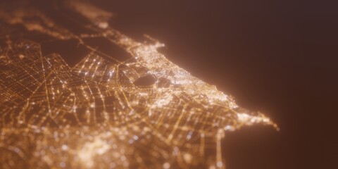 Street lights map of Alexandria (Egypt) with tilt-shift effect, view from east. Imitation of macro shot with blurred background. 3d render, selective focus