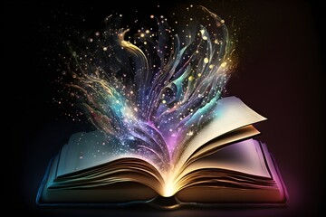 Magical Book Opening with glowing lights coming out of pages,  abstract sparkles and glitter, Literature And Fairytale Concept background