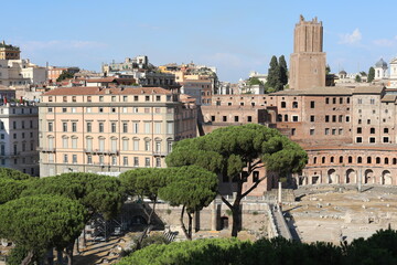 Panoramic Rome cityscape. View of the street city  in the morning. Scenic landscape with old town....