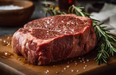 A steak on a cutting board with herbs and spices. Generative ai