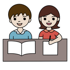 Boys and a girl reading books, kids studying