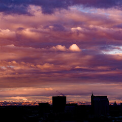 Silhouette of the Boise skyline with dramatic sky sunrise