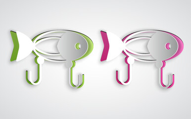 Paper cut Fishing lure icon isolated on grey background. Fishing tackle. Paper art style. Vector