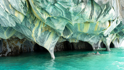 Close up of Marble Caves (Marble Cathedral), Puerto Rio Tranquilo, Aysen, Chile. The Marble Caves is a 6,000-year-old sculpture hewn by the crashing waves of Lake General Carrera of Patagonia.