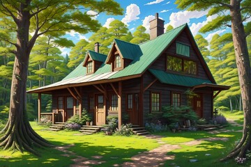 Anime-style wooden house in forest [AI Generated]