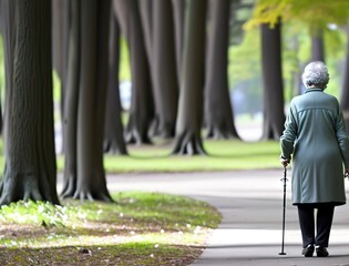 Elderly grandmother walking alone. Concept loneliness, widowhood, granny, grandma woman. Ai generative