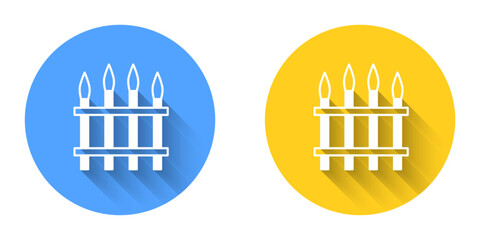 White Classic iron fence with metal pillars icon isolated with long shadow background. Ancient wrought iron fence. Circle button. Vector