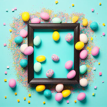 Colorful candy easter eggs on pastel blue background and with empty photo frame with place for text.