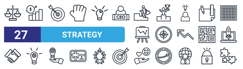 set of 27 thin line strategy icons such as balance, profits, goal, success, focus, innovation, reaction, puzzle vector icons for mobile app, web design.