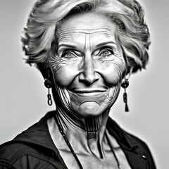 Portrait of loving grandmother smiling in black and white. Senior, old woman, grandmother, grandma. Concept old people and happiness. generative ai