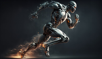 Obraz na płótnie Canvas Cyborg running fast, artificial intelligence robot, future technology, humanoid machine. Generative AI