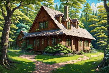 Anime-style wooden house in forest [AI Generated]