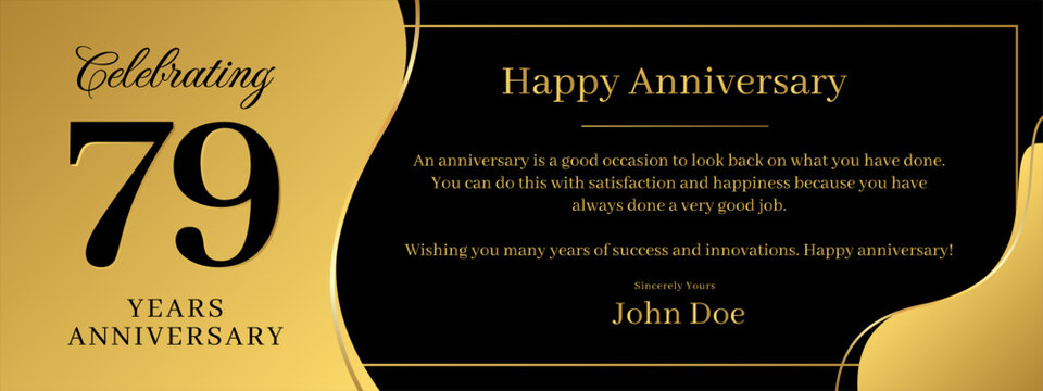 79 years anniversary, a banner speech anniversary template with a gold background combination of black and text that can be replaced