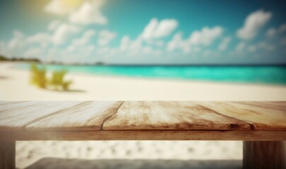Plakat a wooden table sitting on top of a beach next to the ocean. generative ai