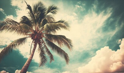 Fototapeta na wymiar a palm tree is shown against a blue sky with clouds. generative ai