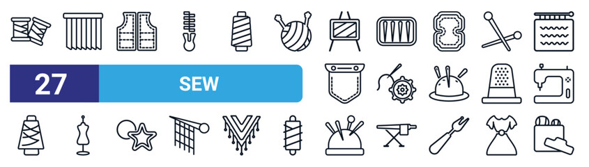 set of 27 thin line sew icons such as spool, pleat, sew pattern, pins, crochet, mannequin, pin cushion, sewing box vector icons for mobile app, web design. © Digital Bazaar