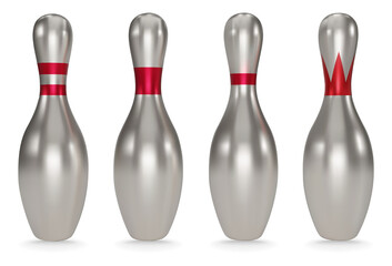 Realistic silver bowling pins with red stripes isolated on white background. Metal Bowling icon. 3D vector illustration.