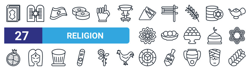 set of 27 thin line religion icons such as holy quran, halakha, israel flag, gragger, matzo ball soup, bindi, qibla, challah vector icons for mobile app, web design.