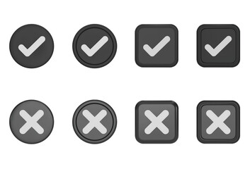 set of 3D black Checkmark and X mark icon set. Checkmark right symbol, tick sign. check and uncheck for web and mobile apps. 3D vector illustration.