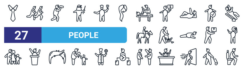 set of 27 thin line people icons such as business tie, group of men running, monocular, businessman talking about yen, landkeeper, classes, boss and worker, man sitting in the bathroom vector icons