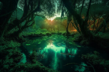 Beautiful and exotic Landscape of a blue lake in the middle of the forest, Generated by AI
