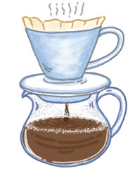 drip coffee maker ,filtered coffee maker and glass pot for hot coffee , Hand drawn pastel and chalk illustration
