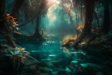 Beautiful and exotic Landscape of a blue lake in the middle of the forest, Generated by AI