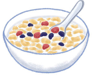cereal with dry strawberries and dry blueberries in a white bowl , Hand drawn pastel and chalk illustration