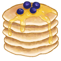 Pancakes with honey, jam and blueberries, Hand drawn pastel and chalk illustration