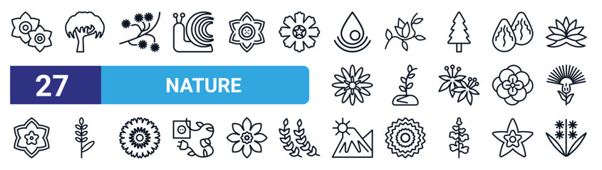 Naklejka premium set of 27 thin line nature icons such as narcissus, willow, mimosa, freesia, grow plant, lavender, hills, hyacinth vector icons for mobile app, web design.