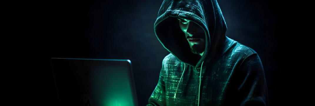 Unveiling the Enigmatic World of Cybercrime: A White Masked Hacker's Front View Amidst Dark Hood and Green Matrix Code Background