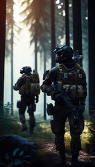 Obraz premium special forces commando soldiers navigating their way through a dense jungle environment. Clad in camouflage gear and armed with advanced weaponry. Generative ai