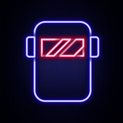 Glowing neon line Protective welding mask helmet icon isolated on brick wall background. Protective clothing and tool worker. Colorful outline concept. Vector
