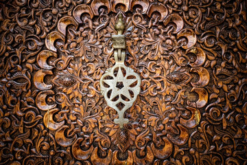 Wooden carved old door in Morrocan style in Astaka Morocco Putrajaya Malaysia